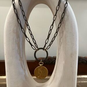 Double Chain Necklace with Gold Coin Pendant